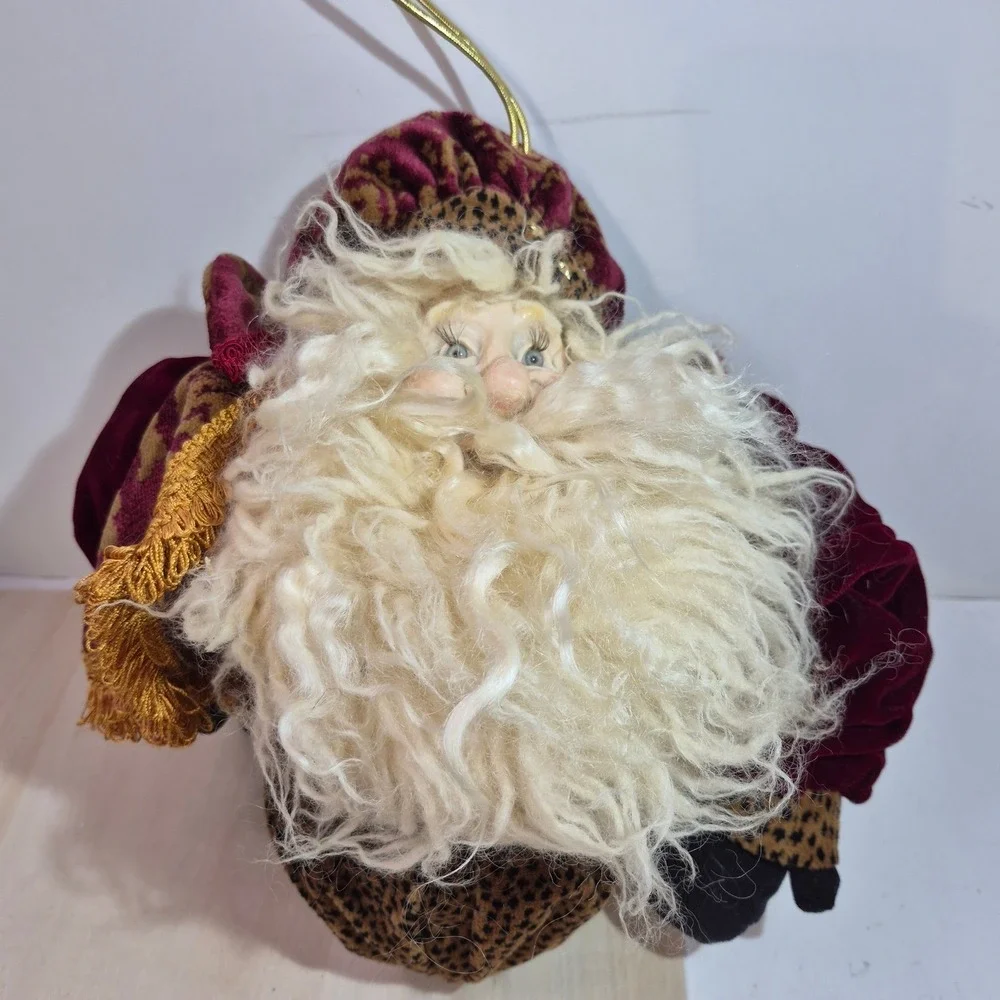 Vintage Santa Claus Head Ornament Burgundy Velvet Gold Brocade  11in